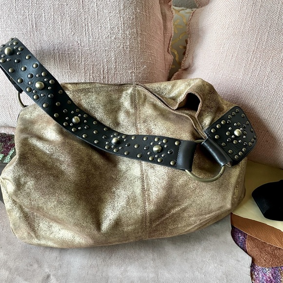 Large Distressed Leather Gold Hobo with Studded Leather Handle - Picture 6 of 14